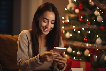 Young woman ordering gift during Christmas holiday at home using smartphone and credit card. Shopping online during holidays, internet banking, store online. - obrazy, fototapety, plakaty