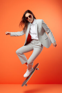 Young Handsome Funny Woman With Glasses, Wearing Light Grey Suit And Sneakers, Jumping With The Skateboard On Color Studio Background.