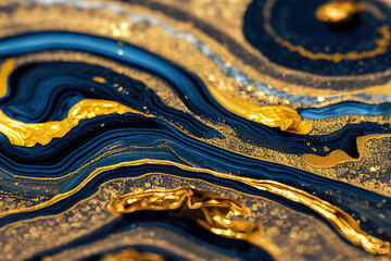 Blue and golden acrylic liquid ink swirl abstract background with ravishing turbulence wavy pattern and detailed texture. Luxury fluid liquid art by Generative AI.