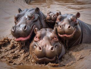 family of hippos submerged in muddy water, showcasing their playful interactions and their unique affinity for mud as a form of protection
