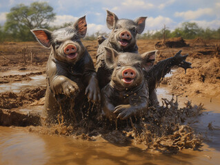 group of adorable pigs rolling and splashing in a mud puddle, showcasing their natural inclination for playful behavior and love for mud baths