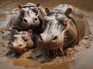 family of hippos submerged in muddy water, showcasing their playful interactions and their unique affinity for mud as a form of protection