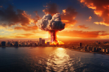 Nuclear explosion against the backdrop of a large city on the sea or ocean. Sunset. Apocalypse. War. Nuclear threat. Third World War.