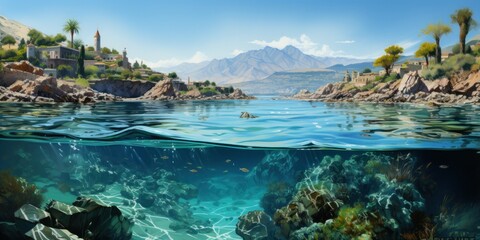 Fototapeta premium illustration of landscape with underwater part, generative AI