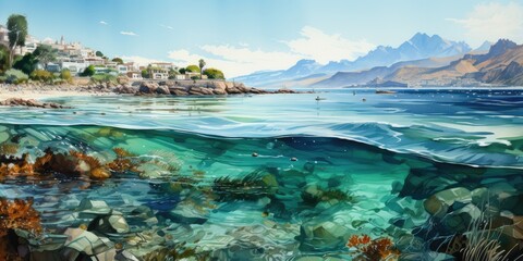 Fototapeta na wymiar illustration of landscape with underwater part, generative AI