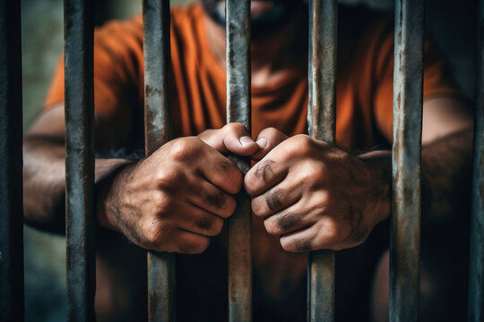 Man behind prison bars. Men's hands rest on the bars of a prison or prison cell. Conclusion concept. Crime and Punishment. Close-up. Repression. Justice.