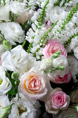 Rose flower bouquet close up. Background of white and pink roses.