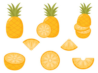 Pineapple set. Whole pineapple and slices isolated on a white background. Pineapple colorful icon. Summer fruits for healthy lifestyle. Organic fruit. Cartoon style. Vector illustration.