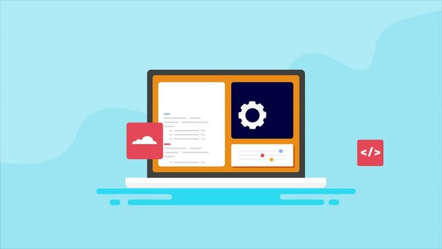 Web development and coding, software application programming script on laptop window, cloud wireframe data process optimization, video animation concept.