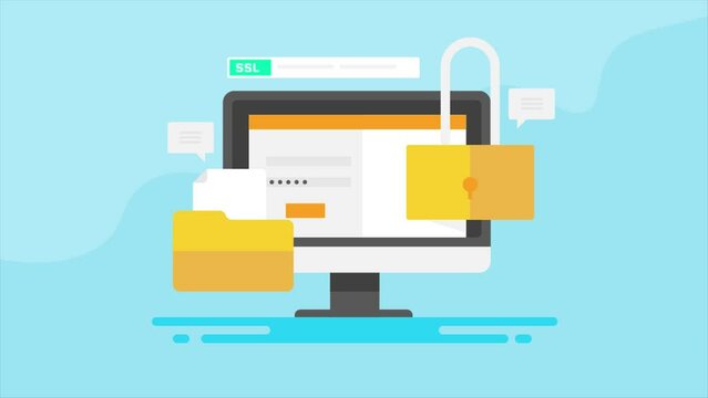 Cyber security, SSL certificate - Protecting website database from cyberattack, https browser connection. Computer with login panel and lock, video animation.
