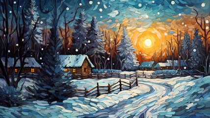 Hand drawn cartoon beautiful winter outdoor landscape illustration
