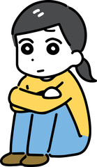 Naklejka premium 困った顔で膝を抱えて座る私服の若い女性(全身)