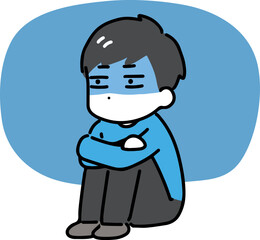絶望した顔で膝を抱えて座る私服の若い男性(全身)	