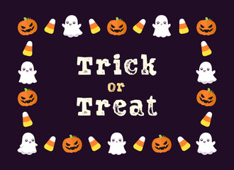 Cute Trick or Treat Halloween card frame template. Rectangle Halloween border design with cartoon ghost, jack o lantern, pumpkins, candy corn. Social media banner vector illustration