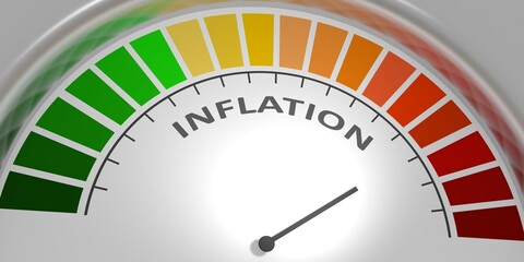 Inflation level on measure scale. Instrument scale with arrow. Inflationary financial crisis. Colorful infographic gauge element. 3D render