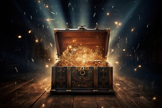 Opened vintage treasure chest with mystical lights on wooden background. Generative AI image