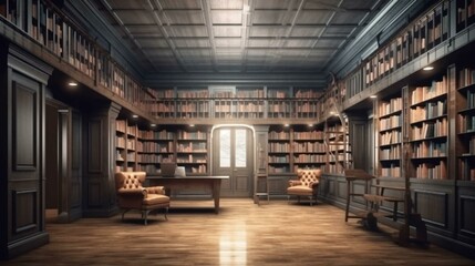 Large library with many books and bookshelves for learning with knowledge. AI generated