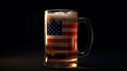 A glass of beer and an abstract star and striped USA state flag. AI generated