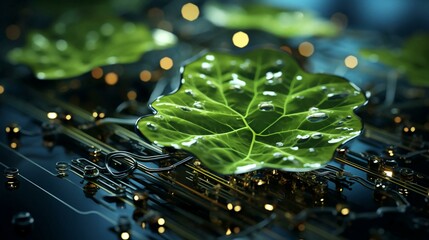 Green plants and grass on a computer board with microchips and microchips transistors and resistors. Computer electronics and technology and the harmony of modern technology and nature. AI generated