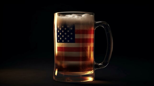 A glass of beer and an abstract star and striped USA state flag. AI generated