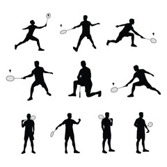 Young sport man athlete are playing badminton cartoon set isolated on white. Flat vector illustration isolated on white background