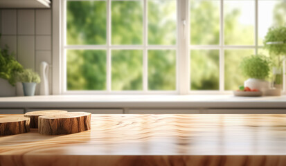 Selective focus.Wood desk counter bar in cozy kitchen and chopping board with window green garden view.food and drink background.ai generated images