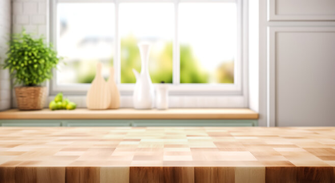 Selective focus.Wood desk counter bar in cozy kitchen with window green garden view.food and drink background.ai generated images