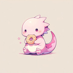 Axolotl eat doughnut animal chibi cartoon style isolated plain background