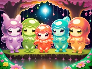 Cute Slime Creatures Celebrating, Generative AI Illustration