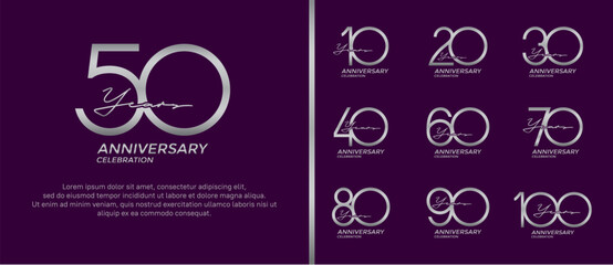 set of anniversary logo silver color on purple background for celebration moment