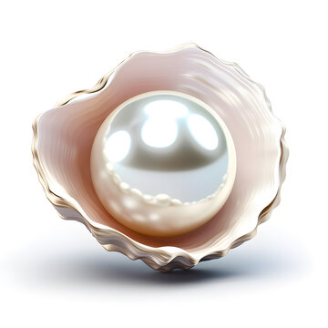 A beige colored pearl lies in a mother-of-pearl shell