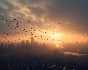 A Majestic Flight of Humanized Birds Overlooking the Cityscape, Great for Generative AI