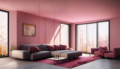 modern living room with a window a modern bedroom  modern architeture pink color building structure, wallpaper, background. Png