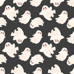 Seamless vector pattern for halloween. Cute ghosts on dark background . Vector illustration