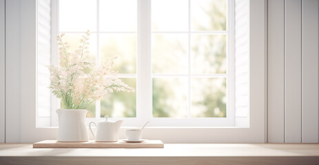Selective focus.cozy counter bar kitchen wall window or living room with interior jug,pot decoration.ai generated images