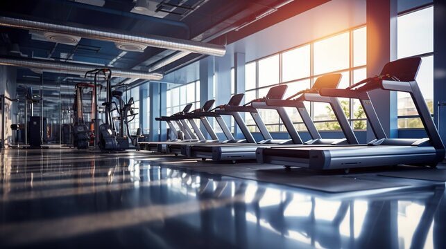 Interior of modern gym fitness room with large windows and treadmills