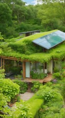 Green sustainable house, overgrown with plants and solar panels on the roof. Generative AI.