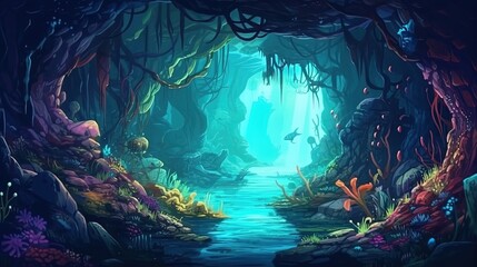 Underwater cave with mystical creatures . Fantasy concept , Illustration painting.