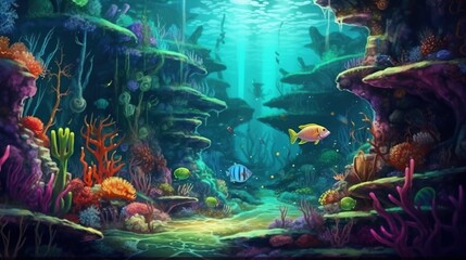 Underwater cave with mystical creatures . Fantasy concept , Illustration painting.