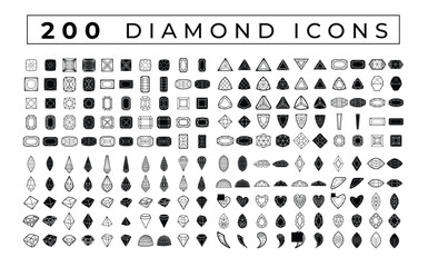 200 simple diamond icons bundle. Vector illustration. minimalistic luxury logotype