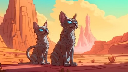 Cute little sphinxes asking riddles in a mystical desert . Fantasy concept , Illustration painting.