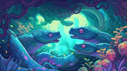 Cute little sea serpents playing in an underwater cave . Fantasy concept , Illustration painting.