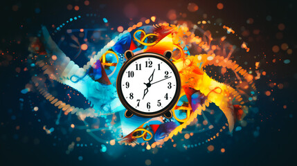 An elegant graphic displays a DNA double helix intertwined with a simplistic representation of a clock, symbolizing the circadian clock