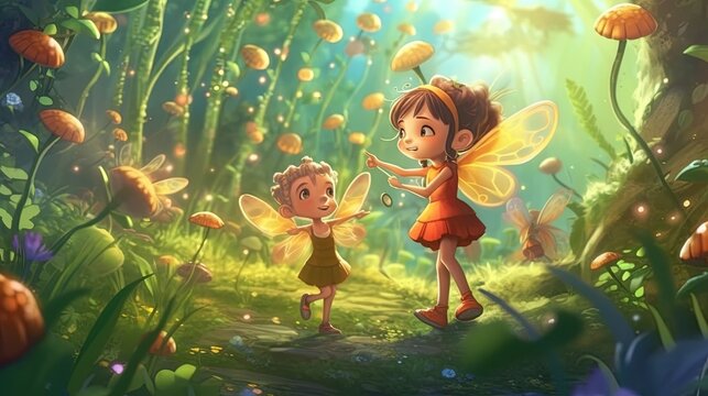 Cute little pixies flying around a garden . Fantasy concept , Illustration painting.