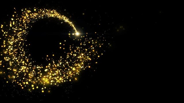 4K Golden sparkles Magic light Particle Tail Line. Christmas gold glitters. 3D glowing dust trail. Explosion fireworks. Intro opener. Bokeh. Birthday, Anniversary, new year, event, Christmas, Festival