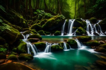 A captivating photo captures the beauty of a clean cascade flowing gracefully, surrounded by lush green shores that exude tranquility generative ai technology
