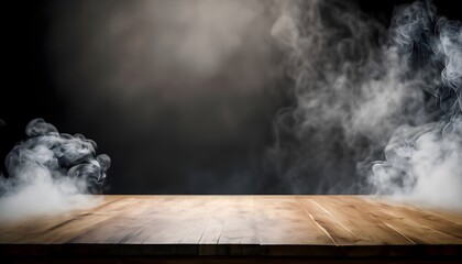 smoke on the table, empty wooden table with smoke float up on dark background Empty Space for...