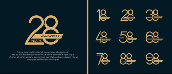 set of anniversary logo flat gold color and ribbon on black background for celebration moment