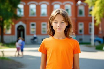 Fototapeta premium Cute fictional little child in plain orange t-shirt. Generative AI.