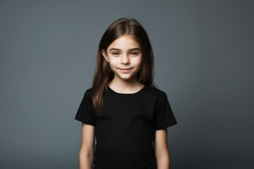 Cute fictional little child in plain black t-shirt. Generative AI.